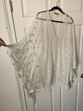 Made In Italy Sheer Mesh Floral Lace Embroidered V-Neck Swim Cover Boho Festival